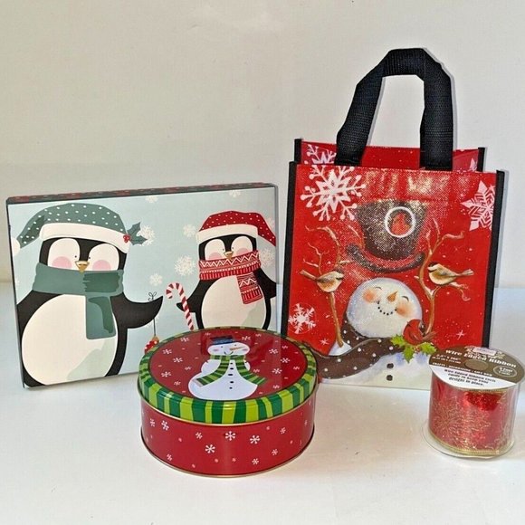 Lot of Christmas Gift/Storage Box, Tin Box, Reusable Tote Bags, Basket & Ribbon - Picture 2 of 12